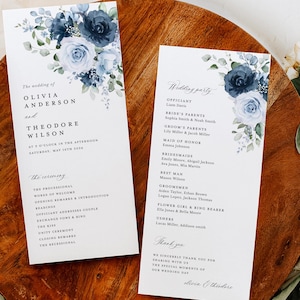 Dusty Blue Navy Wedding Programs Template, Floral Ceremony Program, Boho Garden Elegant Light Steel Blue Rose Itinerary, Printable, Download