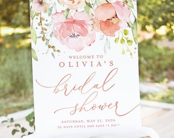 Sjabloon welkomstbord vrijgezellenfeest, blozen roze bloemen Boho bewerkbare poster bruidsbrunch bord, roségouden welkomstbord, instant download