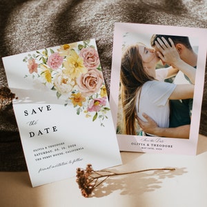 Bunte Pastell Save The Date Cards Vorlage, Foto Blumen Rosa Gelb Hochzeit Save The Dates, Boho Blush Frühlingsgarten Save The Date Cards