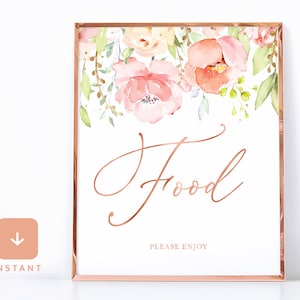 Blush Pink Bridal Shower Wedding Food Sign Printable Floral Rose Gold Table Sign Decor Baby Shower Buffet food stations Instant Download