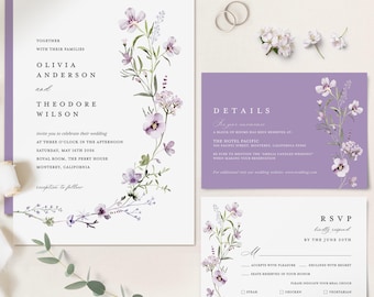 Lavender Minimalist Wedding Invitation Template, Sage Green Wedding Invite Set, Lilac Wildflower Boho Details Card, Printable DIY RSVP, Lana