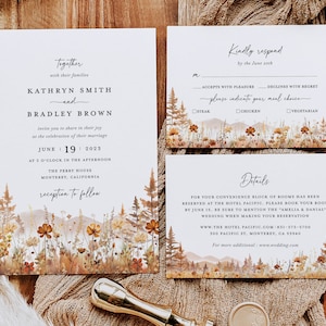 Herbst Berg Hochzeitseinladung Vorlage Set, Wildblumen Terrakotta Wald Hochzeitseinladung Set, rustikale Karte, Antwortkarte, Download