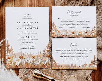 Fall Mountain Wedding Invitation Template Set, Wildflower Terracotta Forest Wedding Invite Suite, Rustic Details Card, RSVP, Download