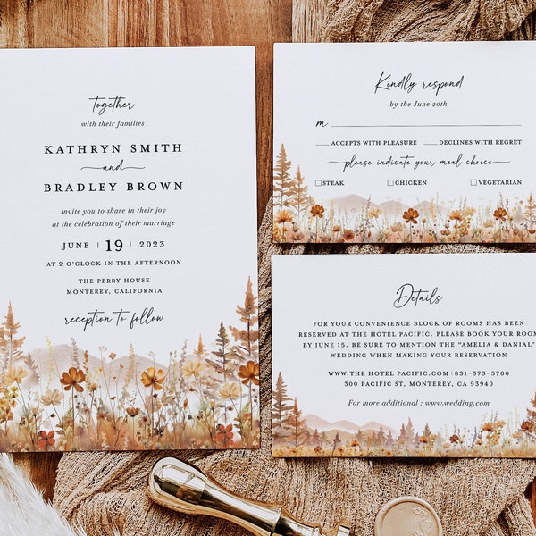 Fall Mountain Wedding Invitation Template Set, Wildflower Terracotta Forest Wedding Invite Suite, Rustic Details Card, RSVP, Download