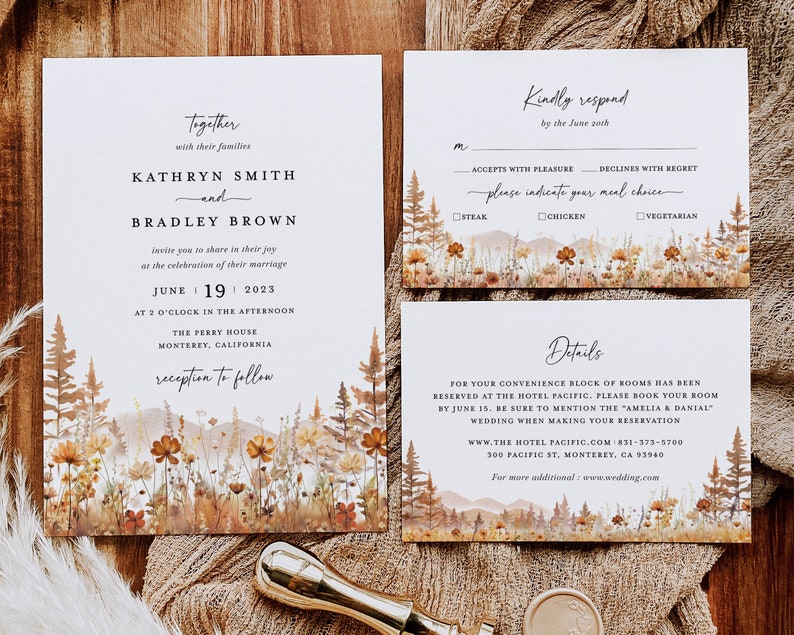 Fall Mountain Wedding Invitation Template Set, Wildflower Terracotta Forest Wedding Invite Suite, Rustic Details Card, RSVP, Download image 1