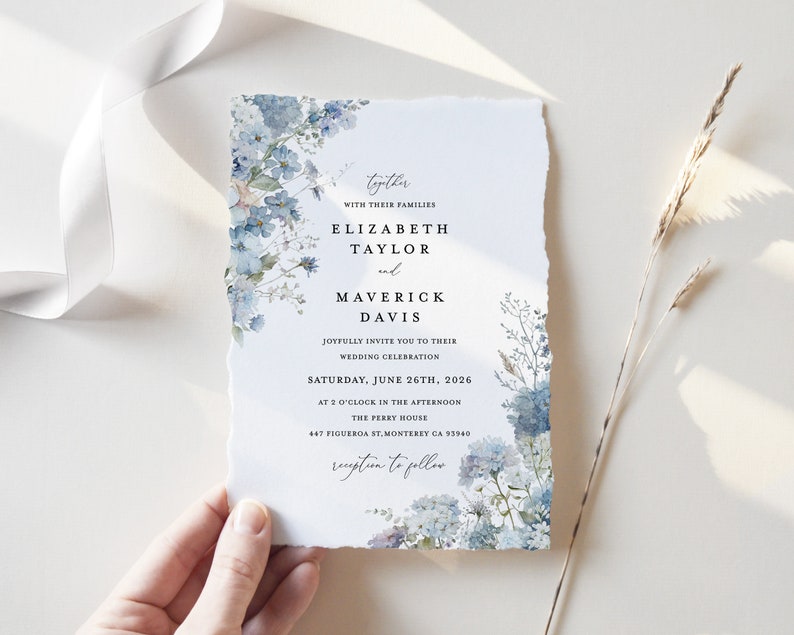 Dusty Blue Wedding Invitation Template, Boho Floral Wedding Invite Card, Printable Elegant Garden Light Steel Blue Invitations, Download image 8