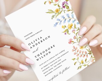 Boho Wildflower Wedding Invitation Template, Colorful Floral Wedding Invites, Printable Elegant Pastel Garden Invitations, Instant Download