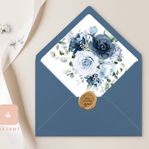 Dusty Blue Navy Envelope Liner Template, Floral A6 and A7 Euro flap & Square Flap, Printable DIY Steel Light Blue Wedding Envelope Liners