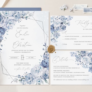 Dusty Blue Wedding Invitation Template, Boho Floral Wedding Invite Suite, Elegant Silver Geometric Details, Printable RSVP, Instant Download