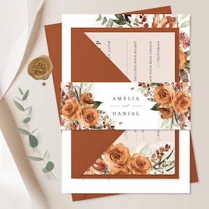 Terrakotta Bauchband Vorlage für Hochzeitseinladung, Boho Floral Gebrannte Orange DIY Bauchband, Druckbare bearbeitbare Umschlag Wrapper Download