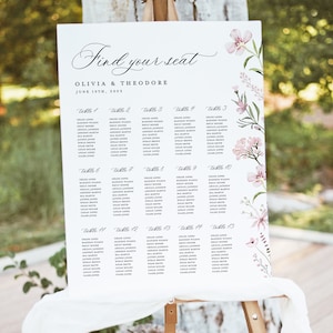 Blozen roze bruiloft zitplaatsen grafiek sjabloon, afdrukbare Boho Floral grote gast zitplaatsen grafiek bord bord, bewerkbare Wildflower tafel zitplaatsen