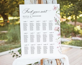 Blush Pink Wedding Seating Chart Template, Printable Boho Floral Large Guest Seating Chart Sign Board, Editable Wildflower Table Seating