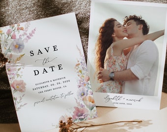 Boho Wildflower Save The Date Cards Template, Photo Pastel Colorful Wedding Save The Dates, Garden Blush Yellow Lilac Save Our Date Cards