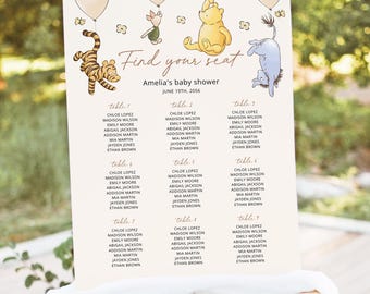 Classic Winnie The Pooh Baby Shower Seating Chart Sign, Balloon Editable Gender Neutral Pooh Friends Seating Chart Poster Template, Download