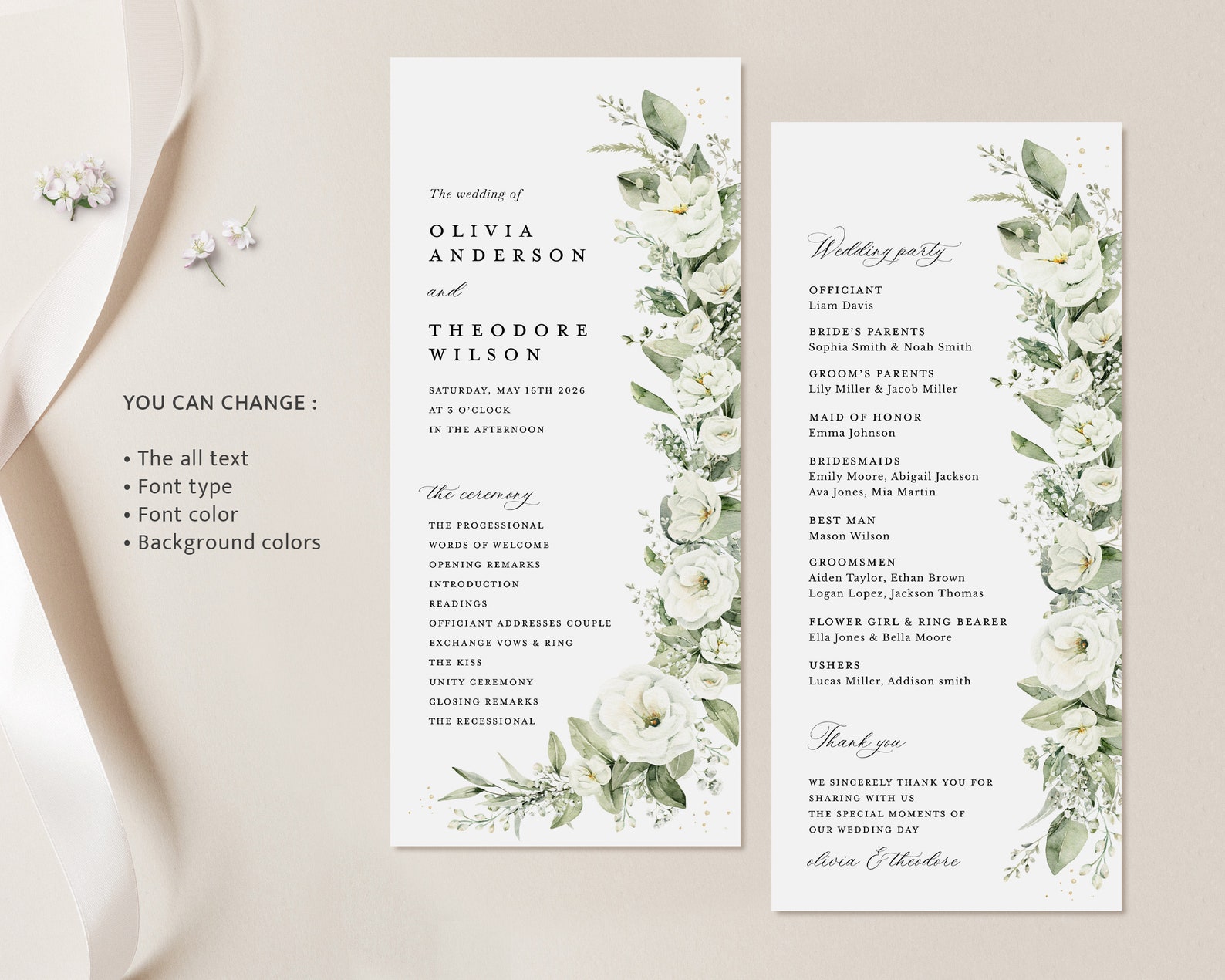 White Floral Wedding Programs Template, Sage Ceremony Program, Boho ...