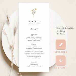 Modelo de menu de casamento minimalista, cartões de menu de recepção modernos com vegetação floral personalizável, menu de jantar elegante e simples para impressão, Mia