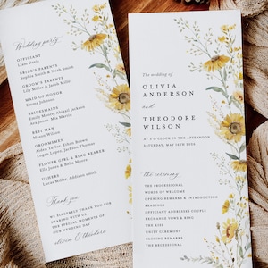 May include: Wedding ceremony program with a floral design featuring yellow sunflowers and green leaves. The program lists the officiant, bridal party, and ceremony order. The wedding is for Olivia Anderson and Theodore Wilson, taking place on May 16th, 2026.