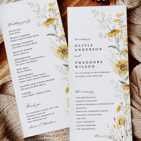 Sunflower Wedding Programs Template, Boho Ceremony Program, Elegant Sage Yellow Wildflower Floral Itinerary, Printable, Instant Download