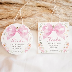 Pink Bow Thank You Favors Tags Template, Baby Shower Tag, Floral Blush Pink Ribbon Printable Girl Baby Shower Thanks Round Circle Square Tag