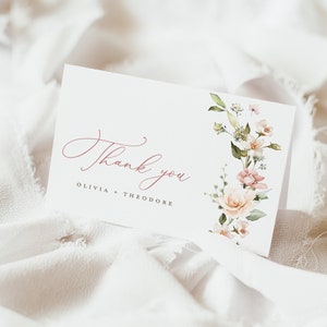 Boho Blumenhochzeit Dankeskartenvorlage, Blush Pink Dankeschön Hinweis, Dusty Pale Pink Rose Personalisierte Danke Tischkarte, Leah