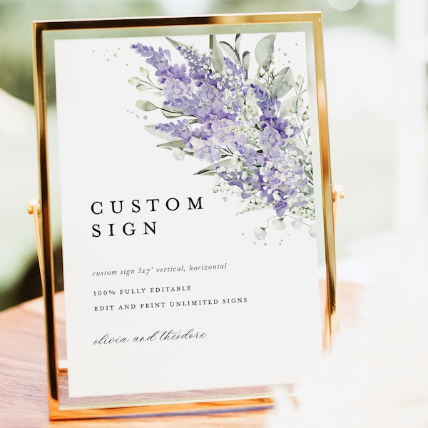 Lavender Custom Wedding Sign Template, Lilac Boho Floral Reception Table Decor Sign, Editable Printable Elegant Sage Greenery Sign Poster