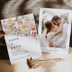 Blush rosa gelb Save The Date Karten Vorlage, Foto Blumen Hochzeit Save The Dates, Boho Elegant Garten Save Our Date Karten, Download
