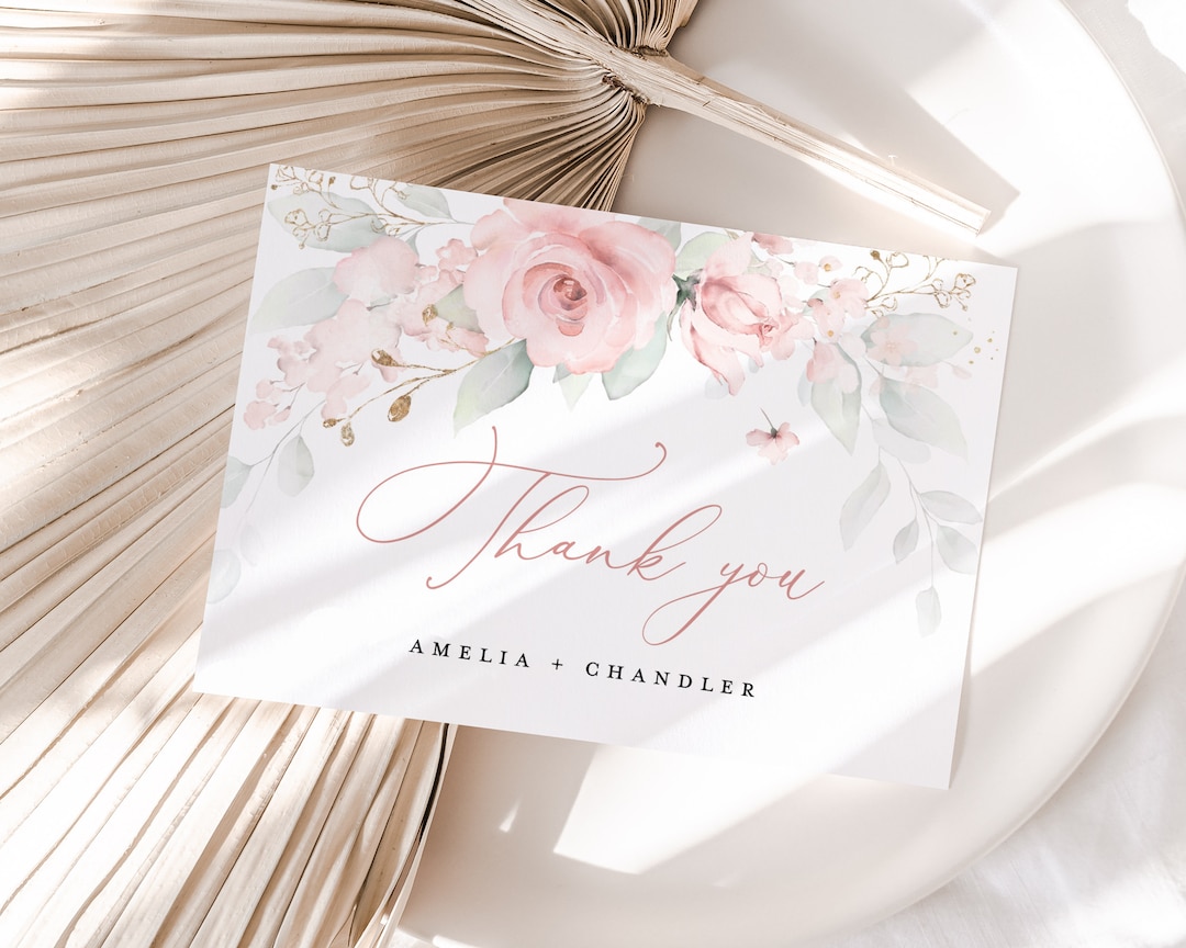 Blush Pink Sage Wedding Thank You Card Template, Floral Blush Rose ...