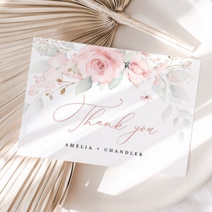 Blush Pink Sage Wedding Thank You Card Template, Floral Blush Rose Thank You Note, Elegant Boho Thanks Table Place Card, Instant Download