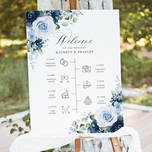 Dusty Blue Navy Wedding Timeline Welcome Sign Template, Floral Rose Program Poster, Elegant Steel Light Blue Editable Wedding Day Itinerary