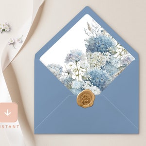 Staubblaue Briefumschlag-Liner-Vorlage, Boho-Blumen-A6- und A7-Euro-Klappe und quadratische Klappe, druckbare DIY-Garten-hellblaue Hochzeits-Umschlag-Liner