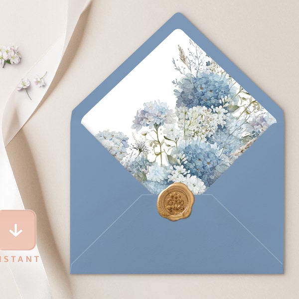 Stoffige blauwe envelop voering sjabloon, Boho Floral A6 en A7 Euro flap & vierkante flap, afdrukbare DIY tuin lichtblauwe bruiloft envelopvoeringen