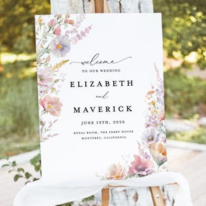 Boho Wildflower Wedding Welcome Sign Template, Pastel Colorful Reception Decor Sign, Printable Garden Blush Yellow Lilac Large Signage image 1