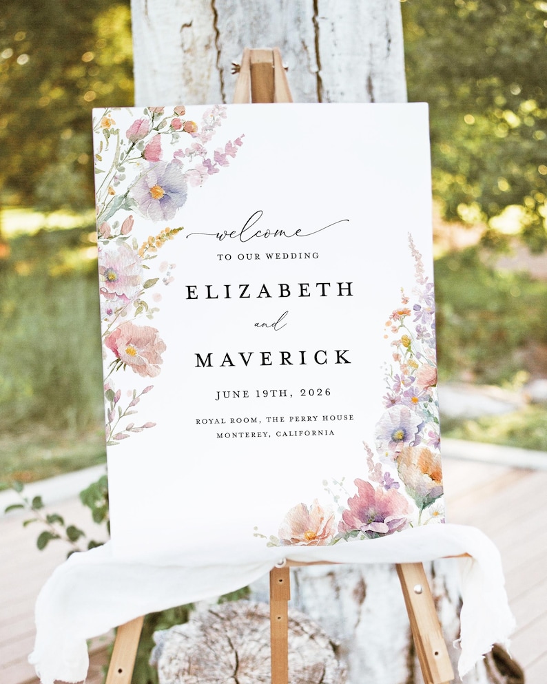 Boho Wildflower Wedding Welcome Sign Template, Pastel Colorful Reception Decor Sign, Printable Garden Blush Yellow Lilac Large Signage image 1