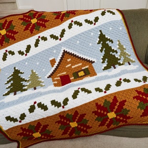Christmas Cabin Corner to Corner C2C Crochet Afghan PATTERN; Holiday Blanket; Snowy Cabin