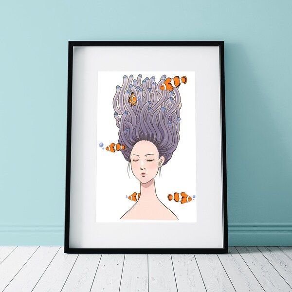 A girl with fishes, digital download print, Digital Art Print