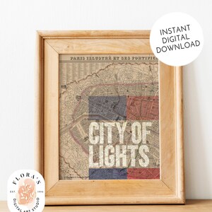 Mapa de Paris para impressão Arte digital de parede Mapa da cidade vintage Download digital Mapa decorativo Impressão digital Bandeira parisiense Colagem Arte Mapa para impressão