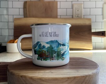 Fall Coffee Mug Mountain Mug Get Lost BLACK Rimmed Coffee Mug Nature Mug Cute coffee mug Fall Mug Cute Gift