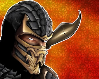 May include: Digital illustration of a character in a black and gold armored costume with a mask. The character has glowing white eyes and is set against a fiery red and yellow background. The artist's signature is in the bottom left corner.