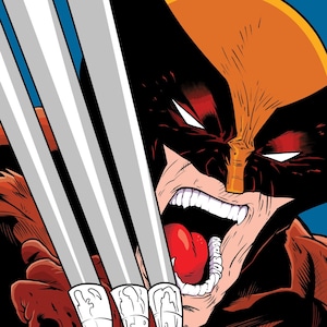 May include: A close-up of Wolverine's face with his claws extended. He has a fierce expression with his mouth open and teeth bared. His costume is brown and black with a yellow and orange mask.