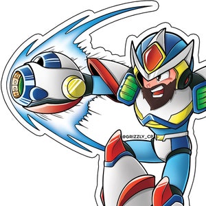 May include: A blue and white robot character with a red and yellow helmet and a beard. The robot is holding a blue and white sphere in its right hand and is in a fighting pose. The robot is on a white background.