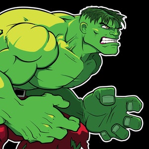 Può includere: Un personaggio dei cartoni animati verde con un costume rosso e verde, con un aspetto strappato e lacerato, è in posizione accovacciata con un'espressione feroce sul viso.