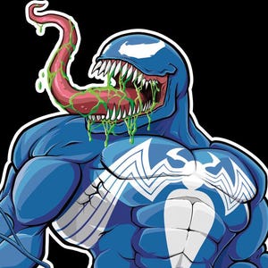 May include: A blue and white cartoon Venom character with a large, open mouth and a long, green tongue. The character is standing on a black background and has a black, gooey substance dripping from its feet.