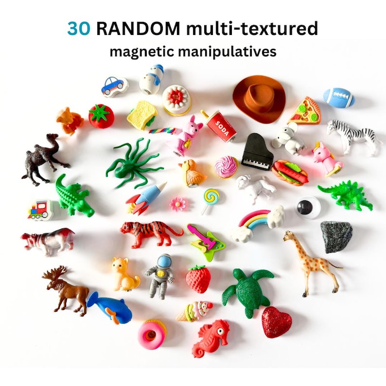 May include: A selection of 30 random, multi-textured magnetic manipulatives. The image shows a variety of small toys, including a car, a camel, a rocket, a strawberry, a giraffe, and a turtle. The text "30 RANDOM multi-textured magnetic manipulatives" is at the top.
