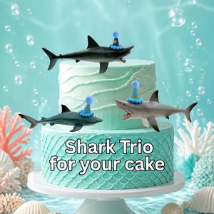 Hajtårtdekoration TRIO: Sharknado JAWS Festdekoration med 3 hajar