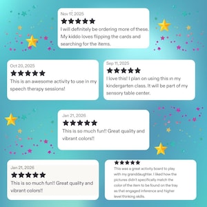 May include: A teal background adorned with stars and confetti. White rectangular text boxes display customer reviews with five-star ratings. The reviews highlight fun, quality, vibrant colours, and use in speech therapy and kindergarten.