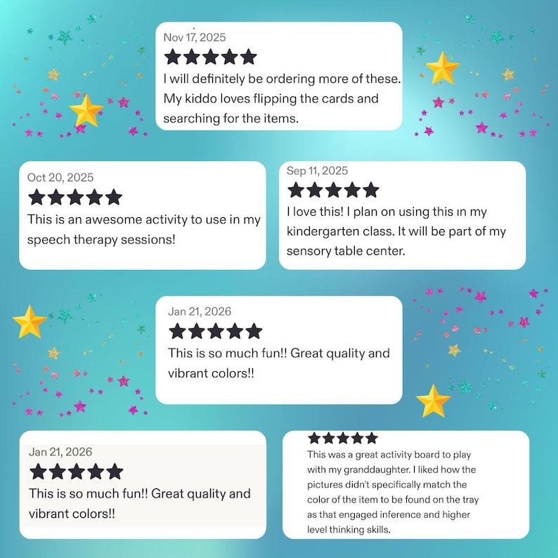 May include: A teal background adorned with stars and confetti. White rectangular text boxes display customer reviews with five-star ratings. The reviews highlight fun, quality, vibrant colours, and use in speech therapy and kindergarten.