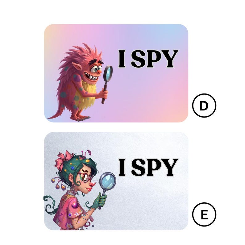 May include: Two rectangular stickers with the text "I SPY". One sticker features a pink monster holding a magnifying glass. The other sticker shows a girl with green hair and a pink dress holding a magnifying glass.