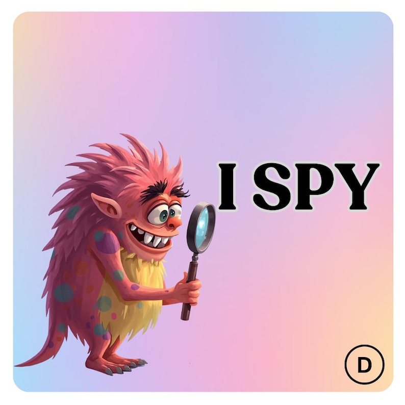 May include: A cartoon image of a pink monster with spiky hair and a yellow chest, holding a magnifying glass. The words "I SPY" are written in bold black letters. The background is a gradient of pink, purple, and blue.