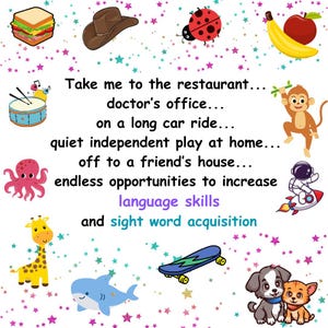 May include: A vibrant educational graphic featuring cartoon images of a sandwich, cowboy hat, ladybug, and banana. Text promotes language skills and sight word acquisition, with phrases such as "Take me to the restaurant..." and "doctor's office..."