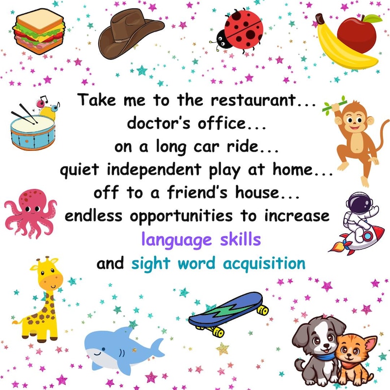 May include: A vibrant educational graphic featuring cartoon images of a sandwich, cowboy hat, ladybug, and banana. Text promotes language skills and sight word acquisition, with phrases such as "Take me to the restaurant..." and "doctor's office..."